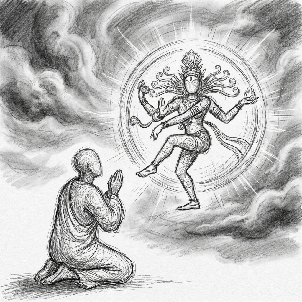 Graphite drawing of a kneeling figure before a dancing figure in a ring of clouds