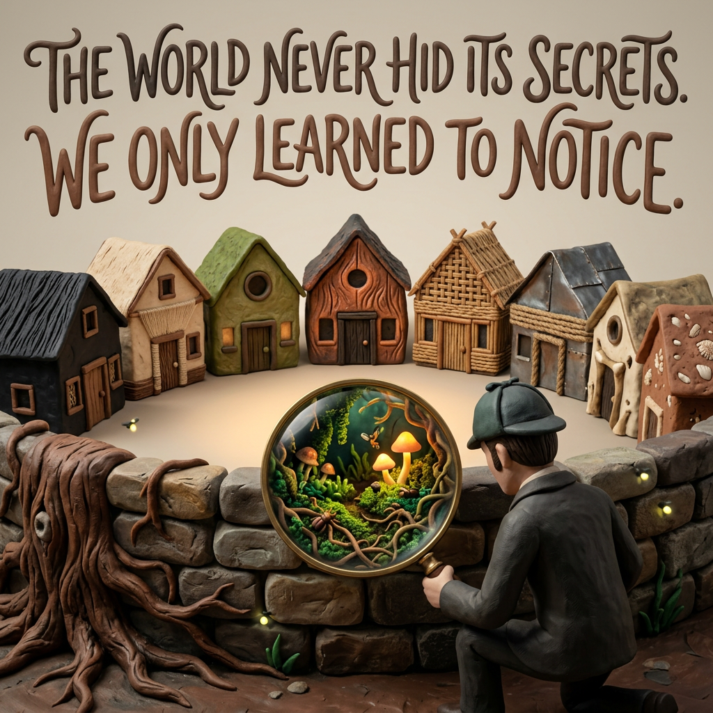 Sherlock Holmes kneels at a stone wall with a magnifying glass, revealing a hidden glowing miniature world inside the stone instead of investigating a mystery.