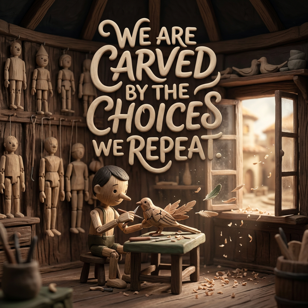 Pinocchio mends a small broken wooden bird at his workbench instead of carving a new puppet.