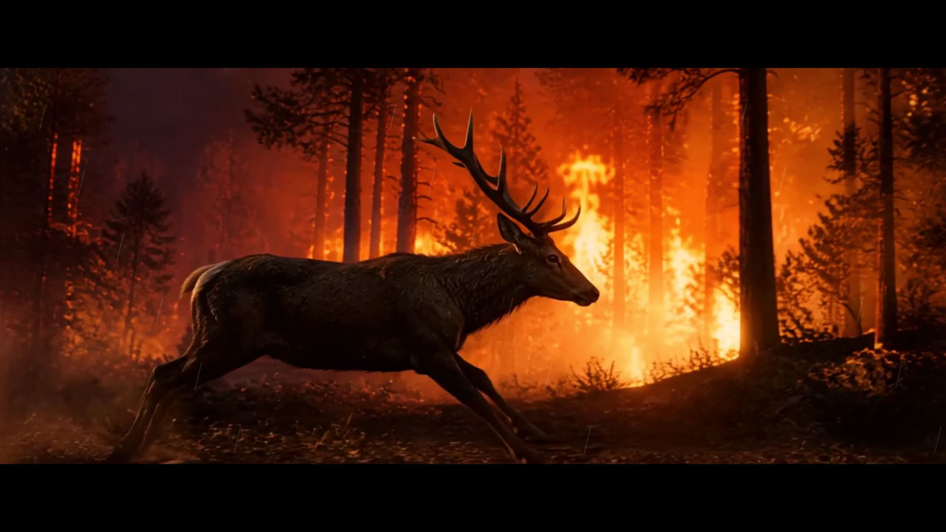 A dark stag running through a burning forest in the rain
